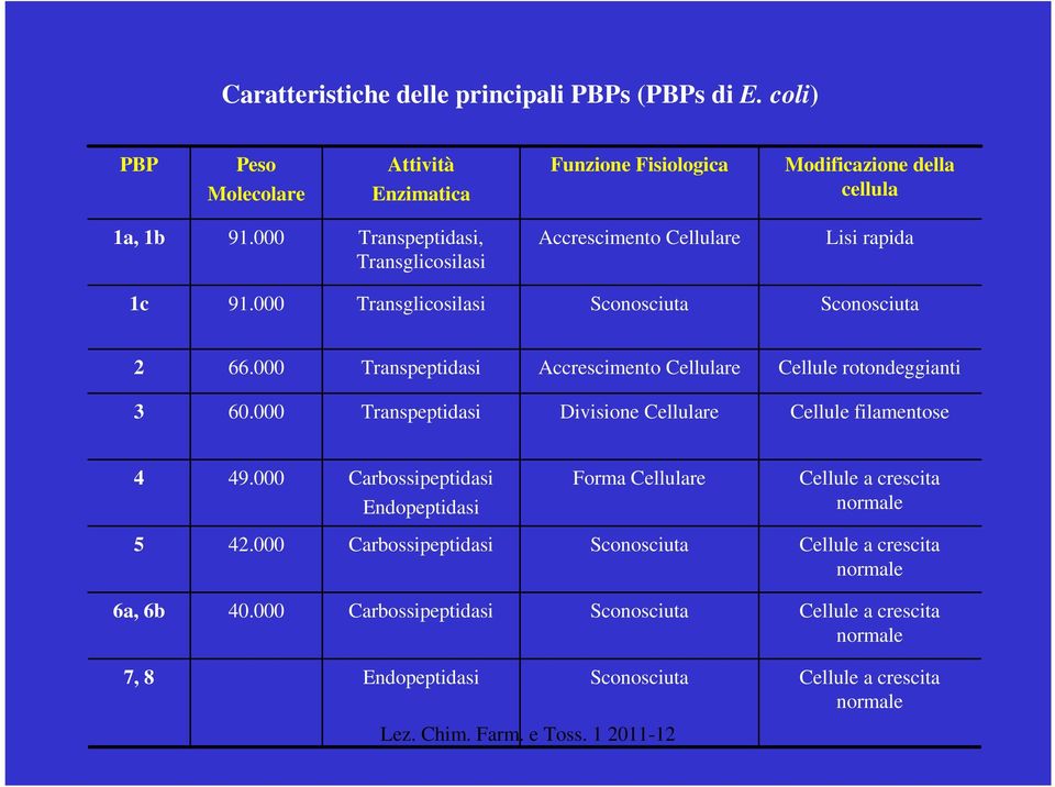 000 Transpeptidasi Accrescimento Cellulare Cellule rotondeggianti 3 60.000 Transpeptidasi Divisione Cellulare Cellule filamentose 4 49.