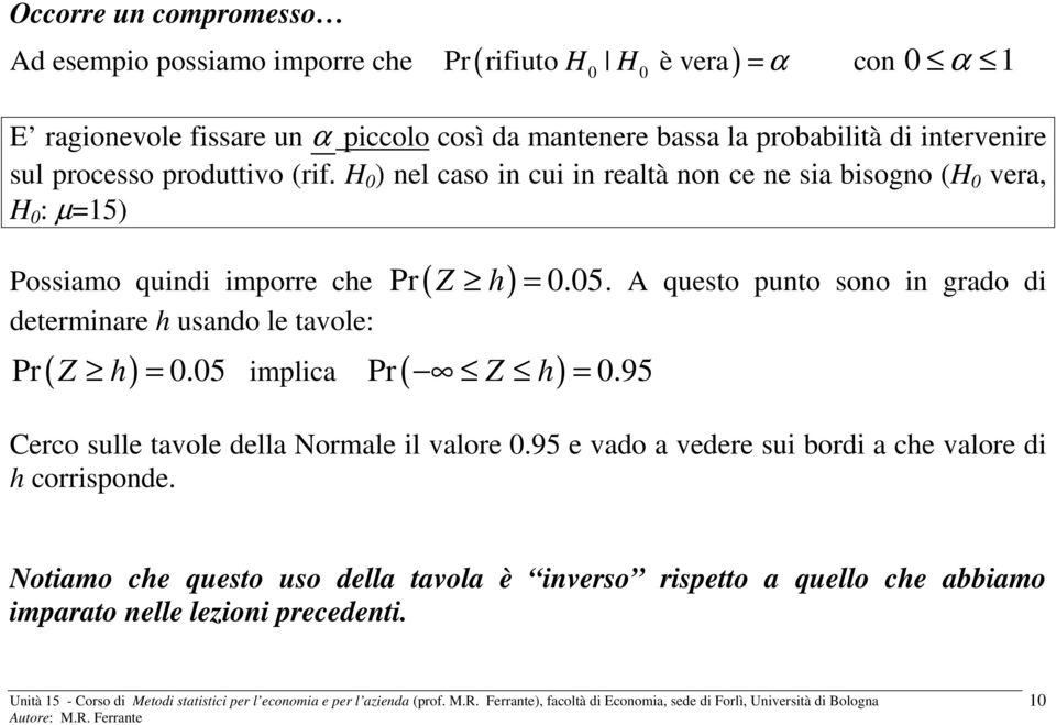 H 0 ) nel caso in cui in realtà non ce ne sia bisogno (H 0 vera, H 0 : µ=15) Possiamo quindi imporre che ( Z h) determinare h usando le tavole: ( Z h) = implica ( Z