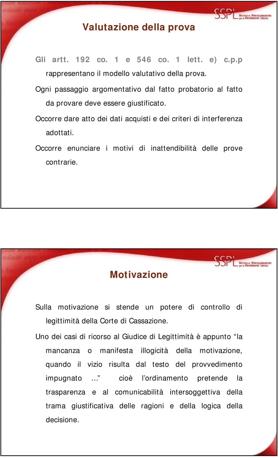 Occorre enunciare i motivi di inattendibilità delle prove contrarie. Motivazione Sulla motivazione si stende un potere di controllo di legittimità della Corte di Cassazione.