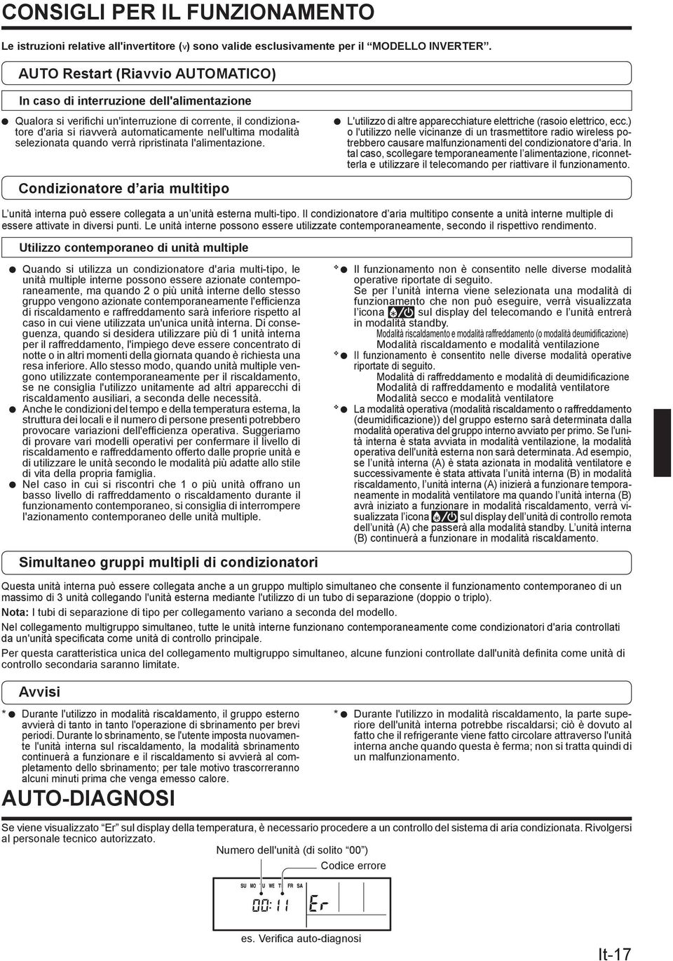 modalità selezionata quando verrà ripristinata l'alimentazione. Condizionatore d aria multitipo L'utilizzo di altre apparecchiature elettriche (rasoio elettrico, ecc.