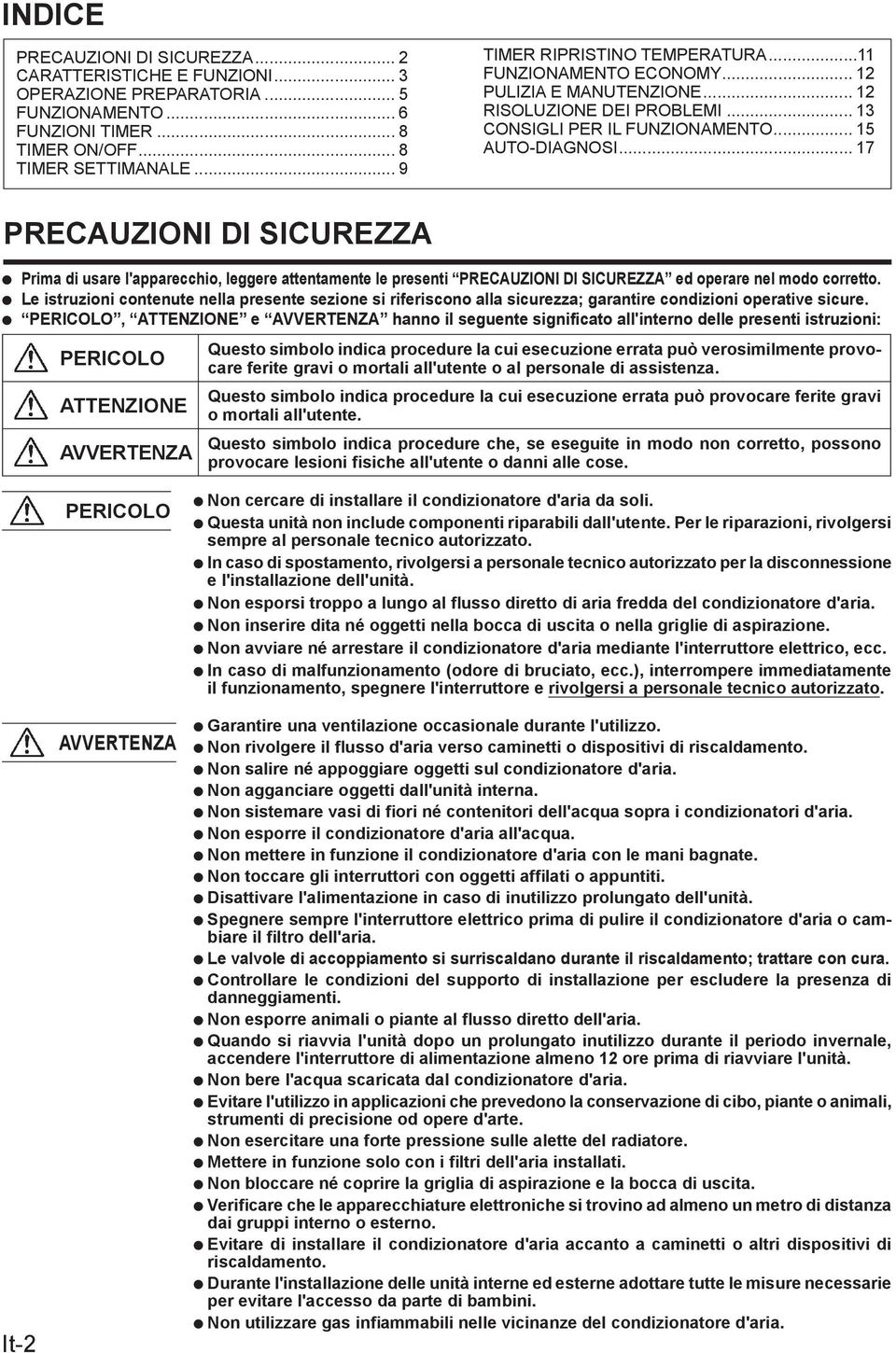 .. 17 PRECAUZIONI DI SICUREZZA Prima di usare l'apparecchio, leggere attentamente le presenti PRECAUZIONI DI SICUREZZA ed operare nel modo corretto.