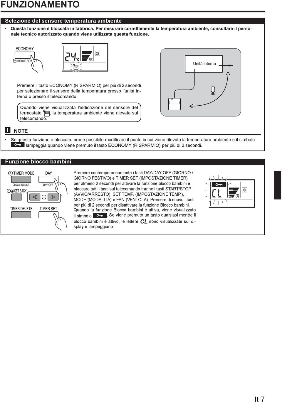 Unità interna Premere il tasto ECONOMY (RISPARMIO) per più di 2 secondi per selezionare il sensore della temperatura presso l unità interna o presso il telecomando.
