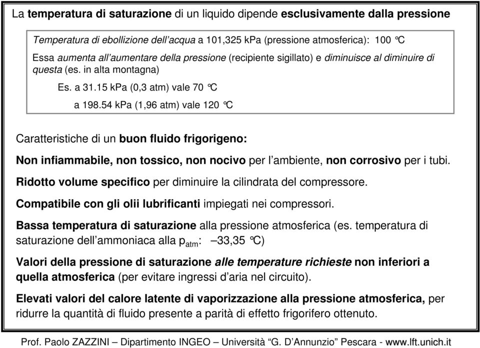 54 kpa (1,96 atm) vale 120 C Caratteristiche di un buon fluido frigorigeno: Non infiammabile, non tossico, non nocivo per l ambiente, non corrosivo per i tubi.