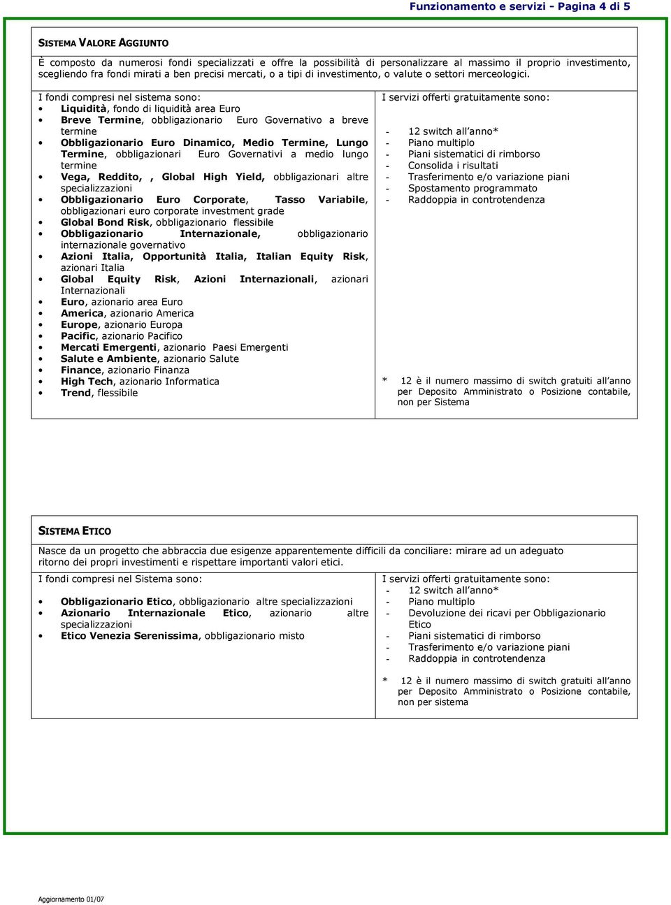 I fondi compresi nel sistema sono: Liquidità, fondo di liquidità area Euro Breve Termine, obbligazionario Euro Governativo a breve termine Obbligazionario Euro Dinamico, Medio Termine, Lungo Termine,