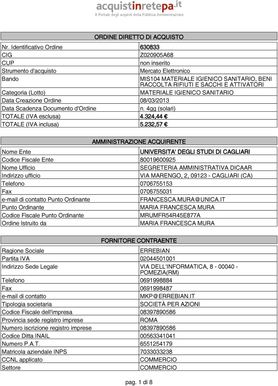 (Lotto) MATERIALE IGIENICO SANITARIO Data Creazione Ordine 08/03/2013 Data Scadenza Documento d'ordine n. 4gg (solari) TOTALE (IVA esclusa) 4.324,44 TOTALE (IVA inclusa) 5.