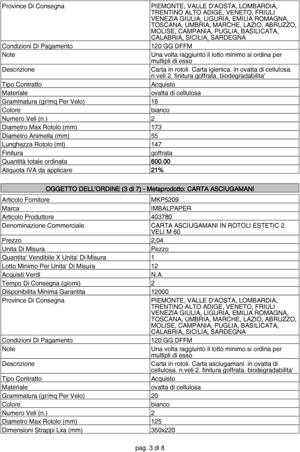 00 OGGETTO DELL'ORDINE (3 di 7) - Metaprodotto: CARTA ASCIUGAMANI MKP5209 Articolo Produttore 403780 CARTA ASCIUGAMANI IN ROTOLI ESTETIC 2 VELI M 60 Prezzo 2,04 Quantita'