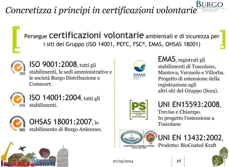 OHSAS 18001:2007, lo stabilimento di Burgo Ardennes. EMAS, registrati gli stabilimenti di Toscolano, Mantova, Verzuolo e Villorba.