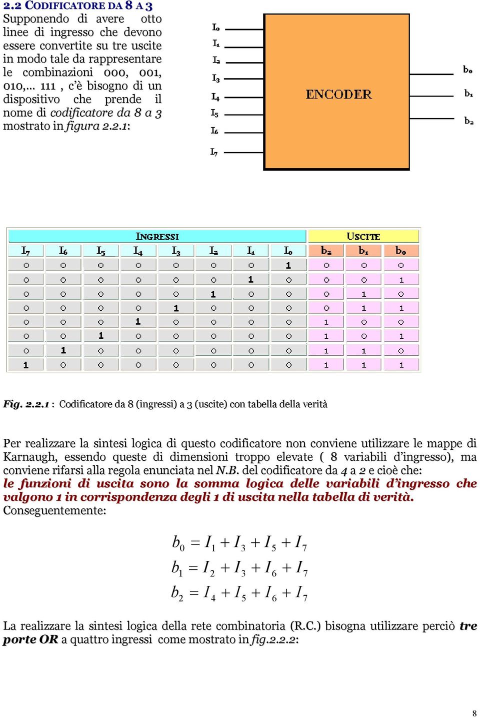 2.1: Fig. 2.2.1 : Codificatore da 8 (ingressi) a 3 (uscite) con tabella della verità Per realizzare la sintesi logica di questo codificatore non conviene utilizzare le mappe di Karnaugh, essendo