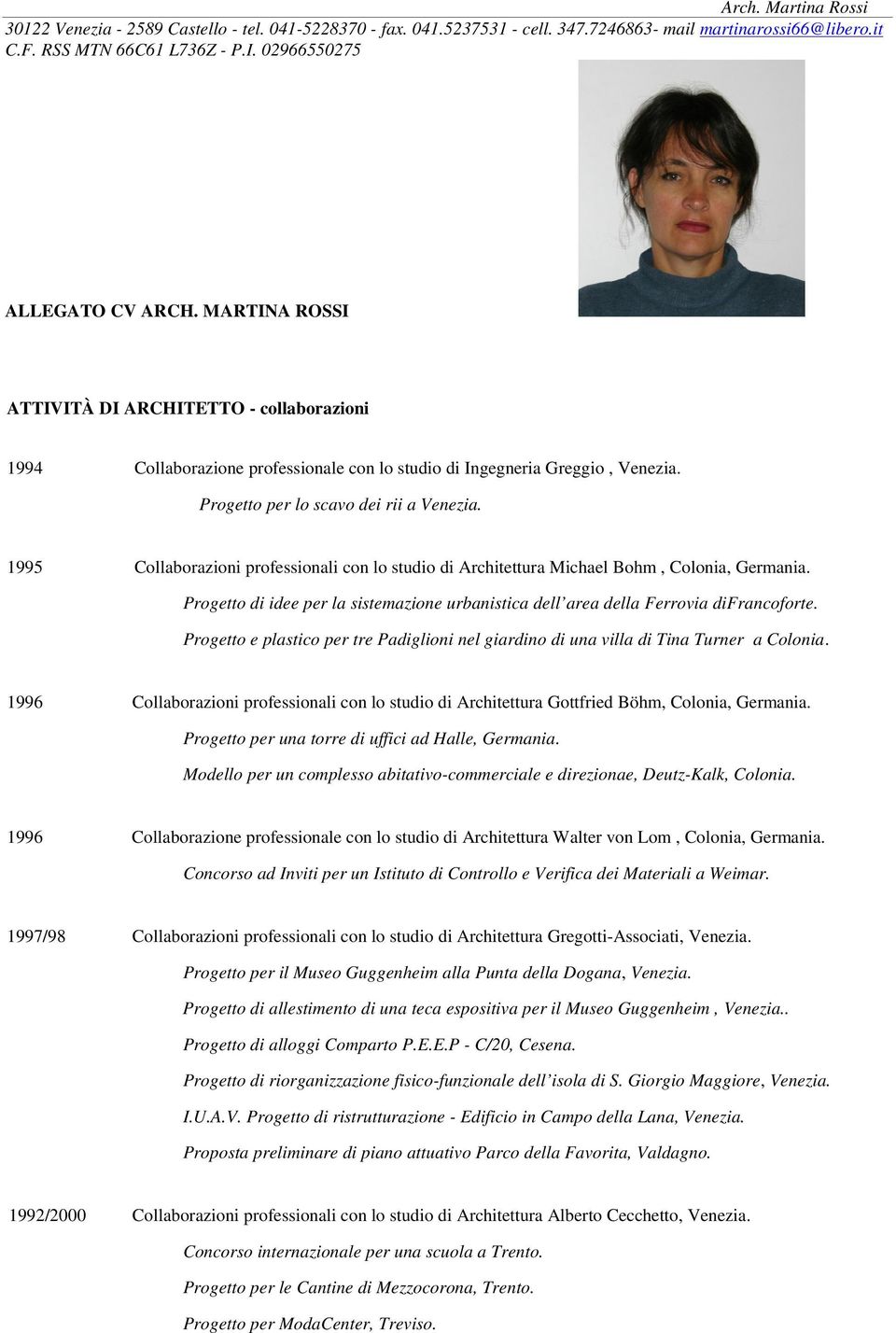 1995 Collaborazioni professionali con lo studio di Architettura Michael Bohm, Colonia, Germania. Progetto di idee per la sistemazione urbanistica dell area della Ferrovia difrancoforte.