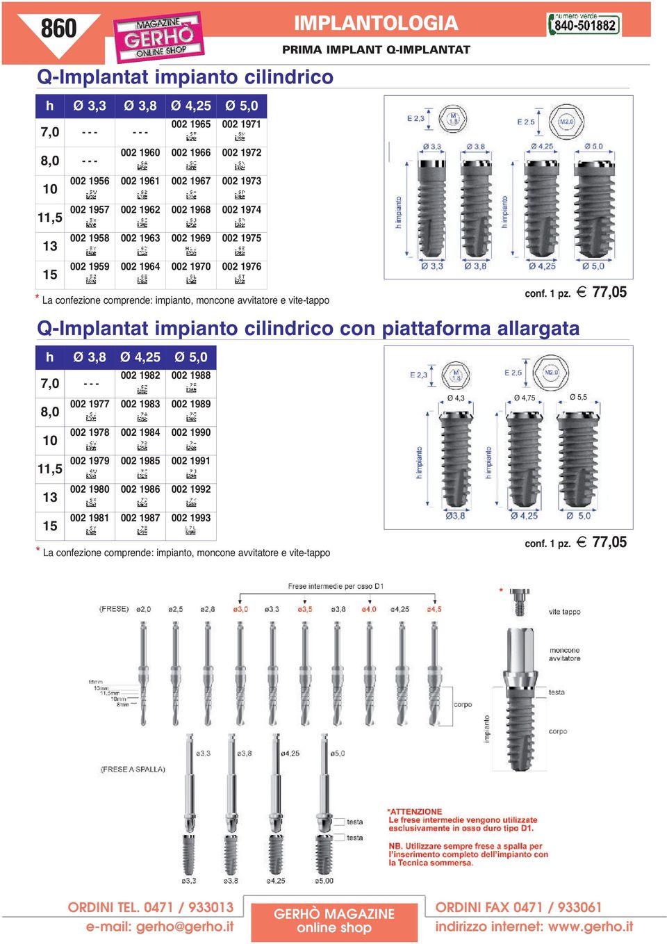 z 77,05 * La confezione comprende: impianto, moncone avvitatore e vite-tappo Q-Implantat impianto cilindrico con piattaforma allargata h Ø 3,8 Ø 4,25 Ø 5,0 002 1982 002 1988 7,0 - - - 8,0 10 11,5