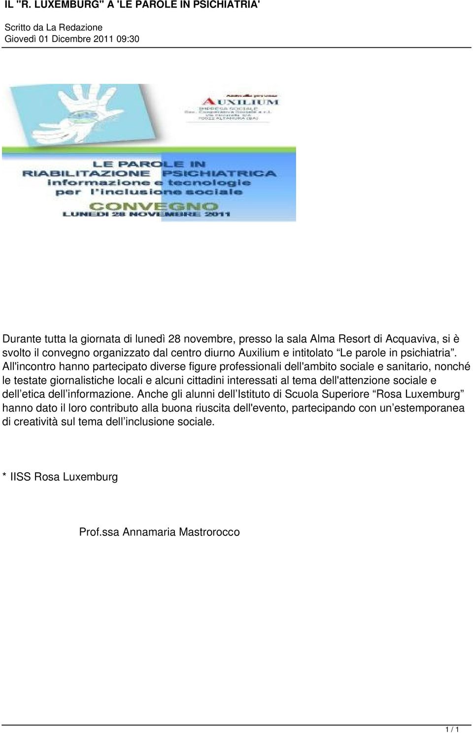 organizzato dal centro diurno Auxilium e intitolato Le parole in psichiatria.