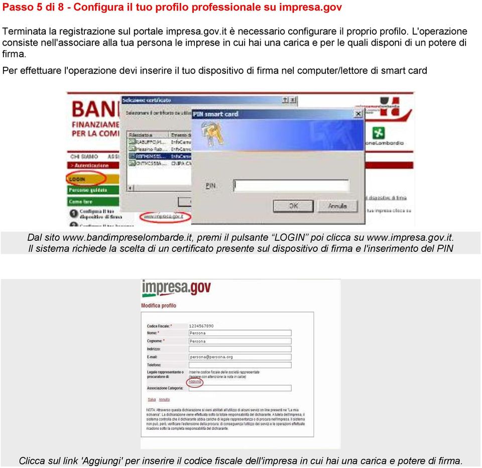 Per effettuare l'operazione devi inserire il tuo dispositivo di firma nel computer/lettore di smart card Dal sito www.bandimpreselombarde.