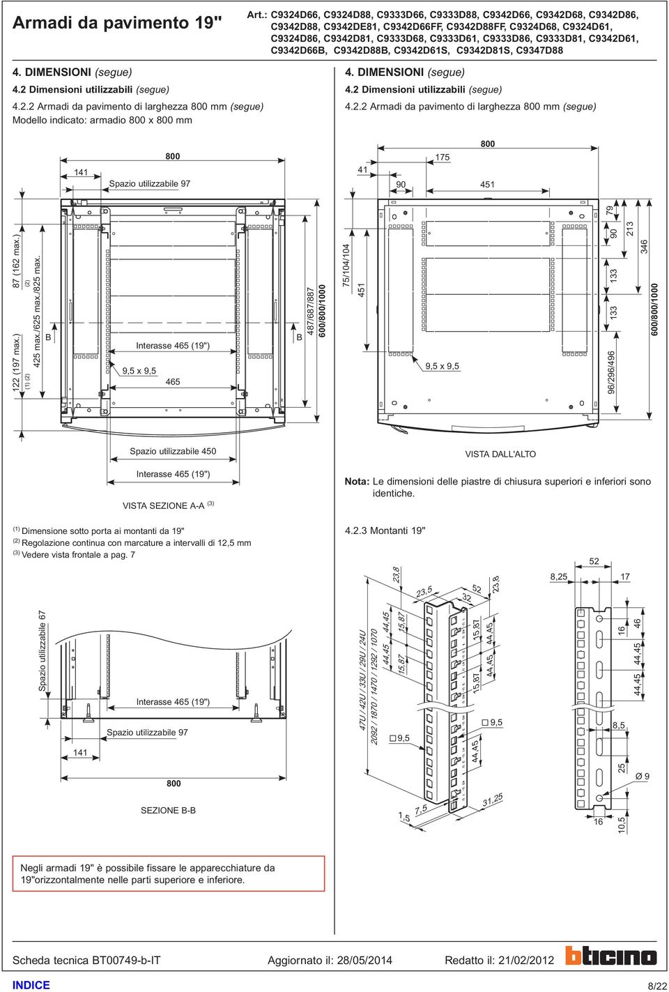 Interasse 465 (19") 465 487/687/887 600/800/1000 75/104/104 44,45 44,45 B 9,5 x 9,5 B 451 9,5 x 9,5 96/296/496 133 133 90 79 213 346 600/800/1000 Spazio utilizzabile 450 Interasse 465 (19") VISTA