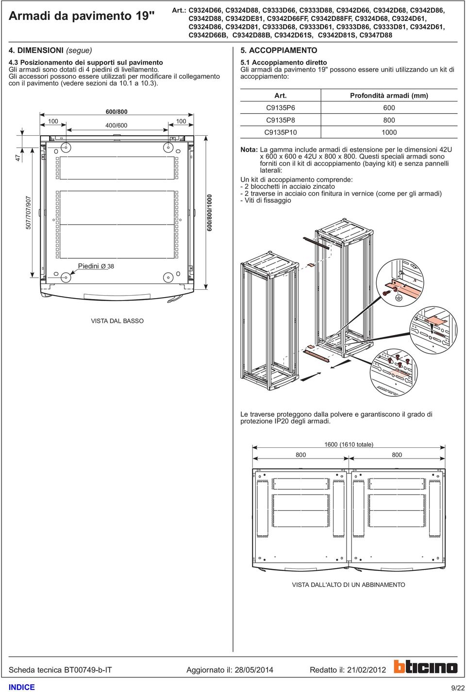 1 Accoppiamento diretto Gli armadi da pavimento 19" possono essere uniti utilizzando un kit di accoppiamento: Profondità armadi (mm) C9135P6 600 C9135P8 800 C9135P10 1000 47 507/707/907 600/800/1000