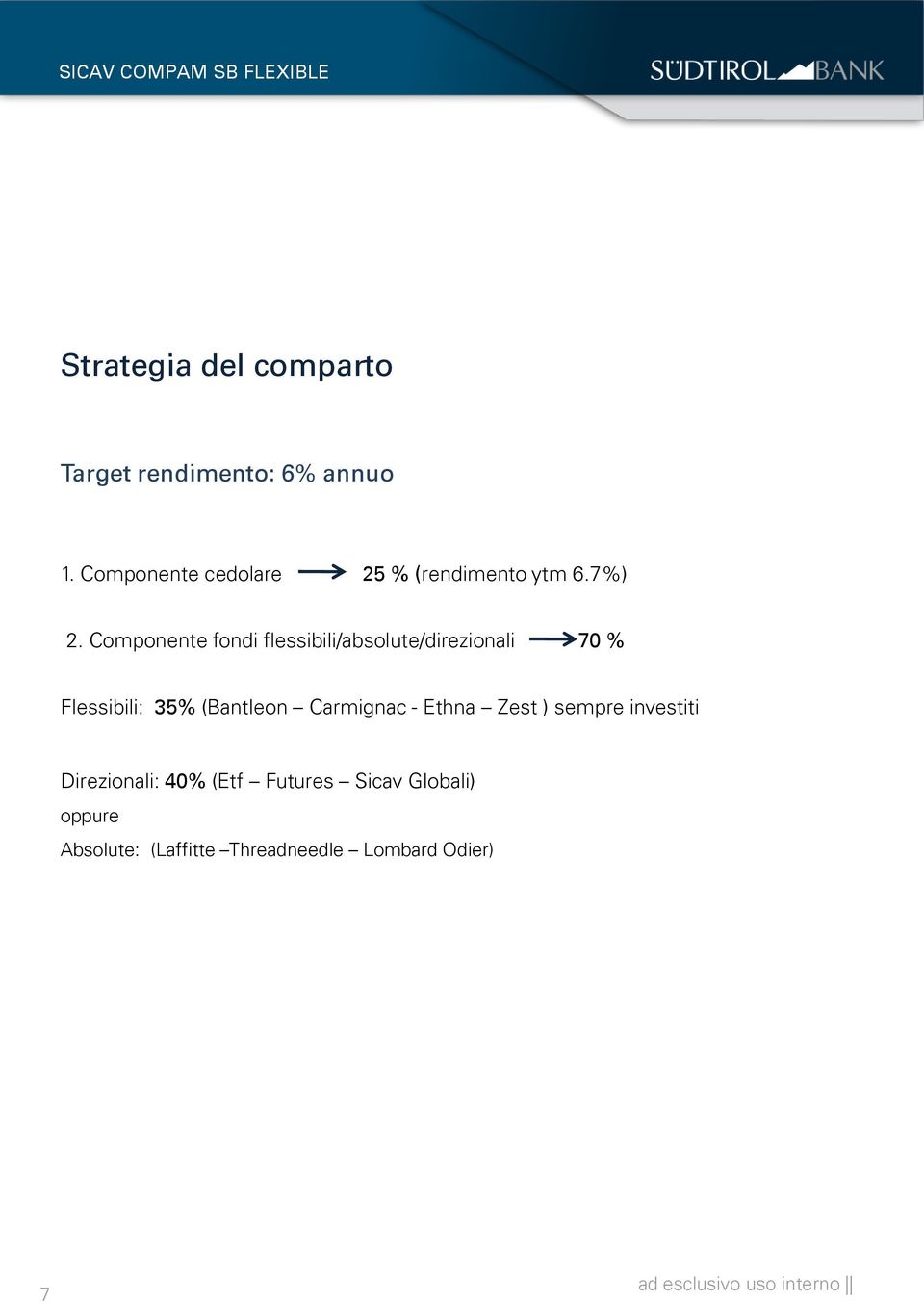 Componente fondi flessibili/absolute/direzionali 70 % Flessibili: 35% (Bantleon
