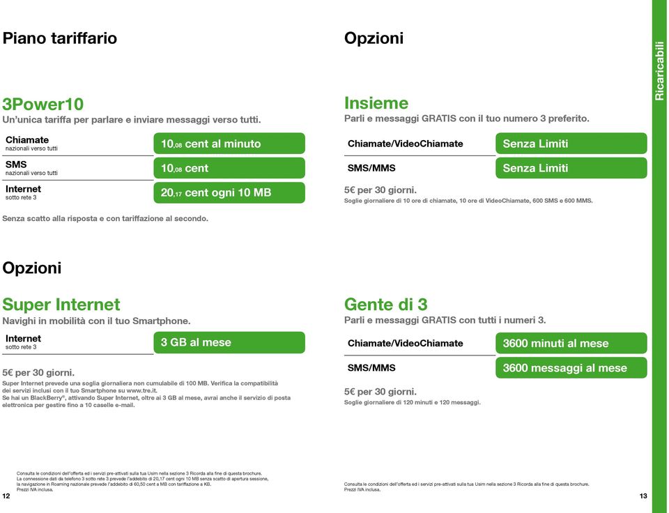 Soglie giornaliere di 10 ore di chiamate, 10 ore di VideoChiamate, 600 SMS e 600 MMS. Senza scatto alla risposta e con tariffazione al secondo. Opzioni Super Navighi in mobilità con il tuo Smartphone.
