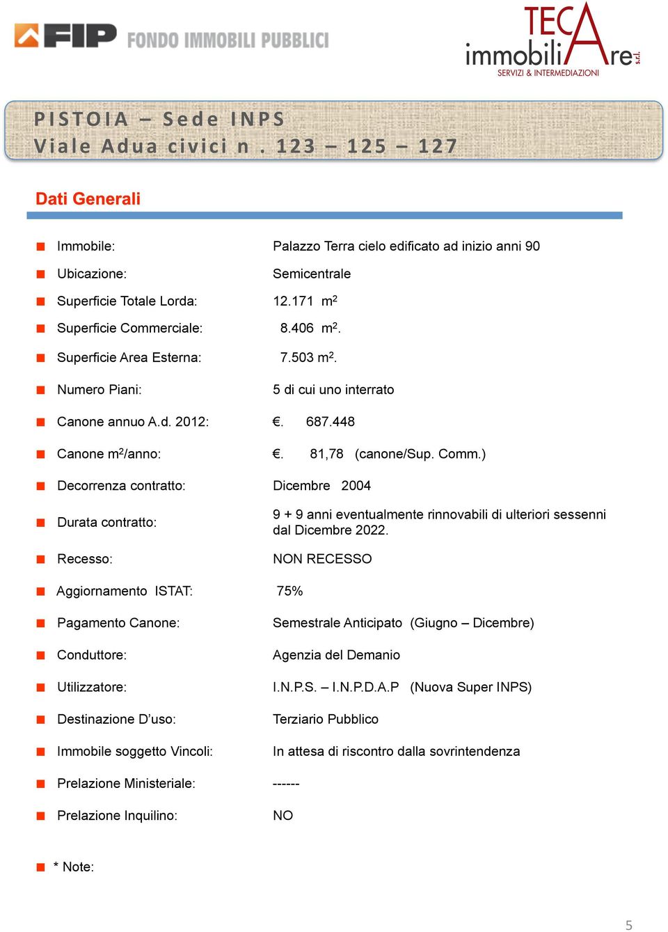 ) Decorrenza contratto: Dicembre 2004 Durata contratto: Recesso: 9 + 9 anni eventualmente rinnovabili di ulteriori sessenni dal Dicembre 2022.