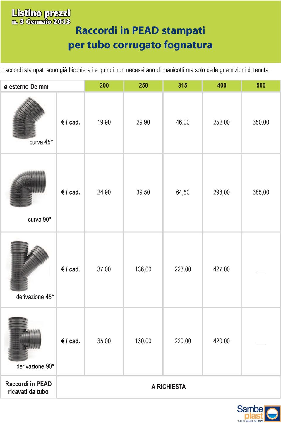 19,90 29,90 46,00 252,00 350,00 curva 45 / cad. 24,90 39,50 64,50 298,00 385,00 curva 90 / cad.