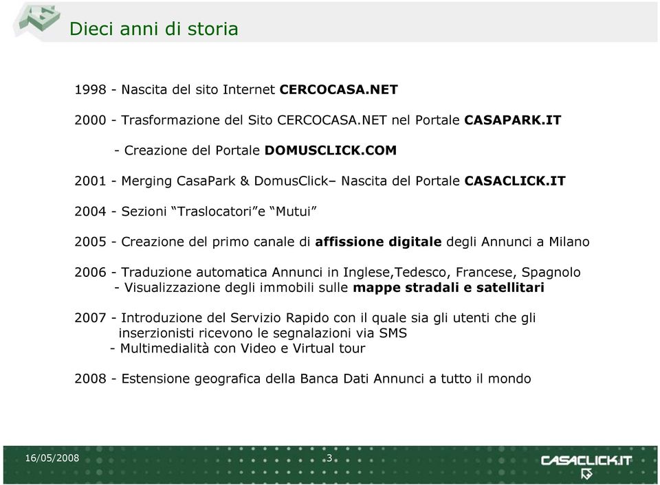 IT 2004 - Sezioni Traslocatori e Mutui 2005 - Creazione del primo canale di affissione digitale degli Annunci a Milano 2006 - Traduzione automatica Annunci in Inglese,Tedesco, Francese,