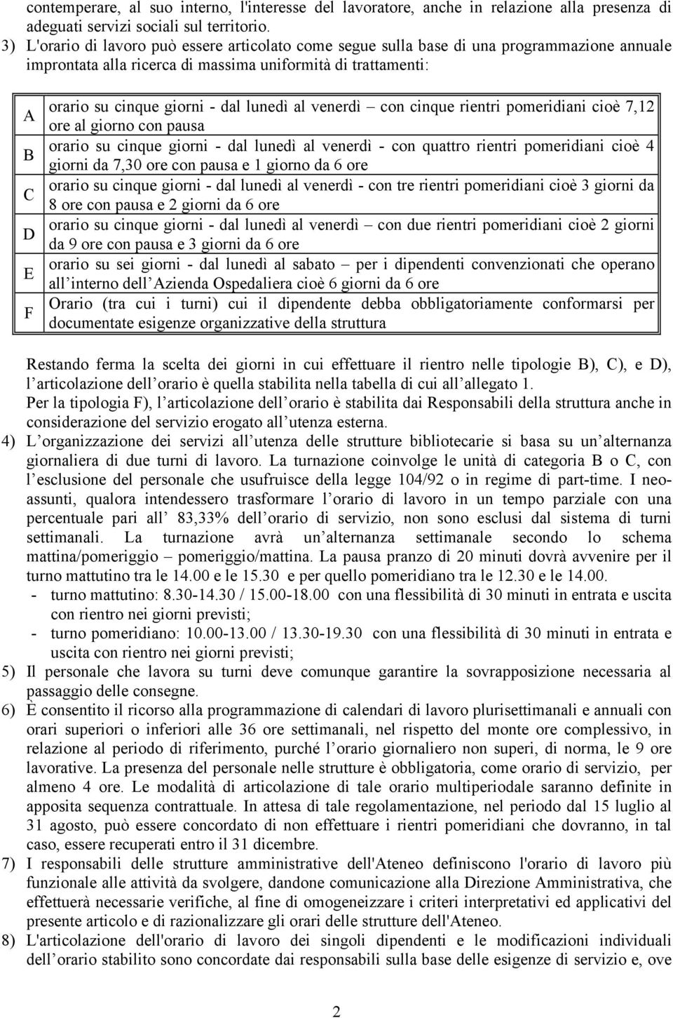 lunedì al venerdì con cinque rientri pomeridiani cioè 7,12 ore al giorno con pausa orario su cinque giorni - dal lunedì al venerdì - con quattro rientri pomeridiani cioè 4 giorni da 7,30 ore con