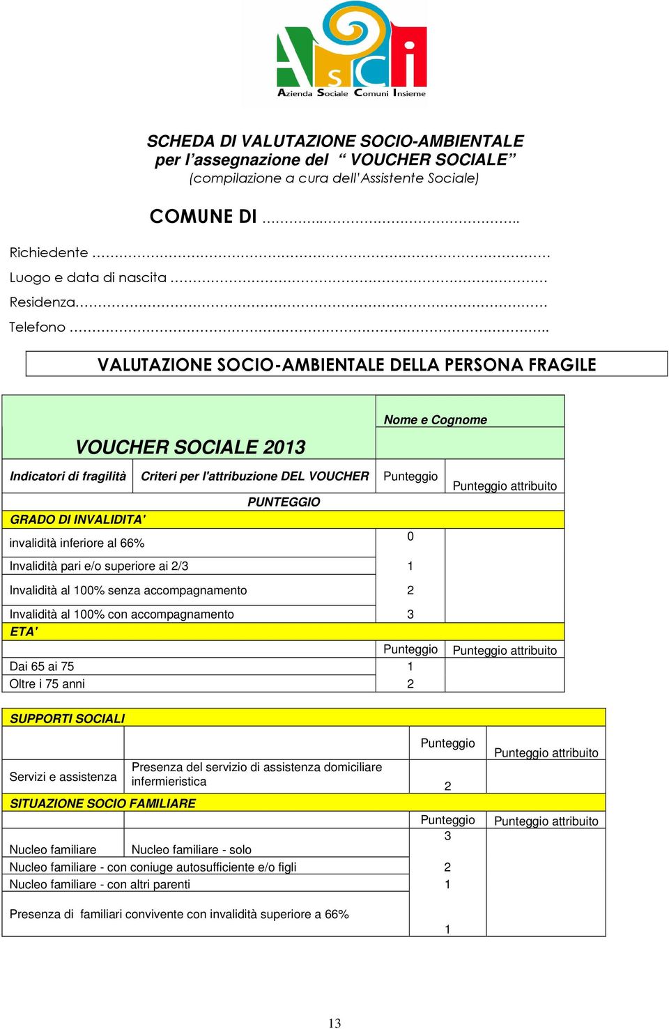 invalidità inferiore al 66% 0 Invalidità pari e/o superiore ai 2/3 1 Punteggio attribuito Invalidità al 100% senza accompagnamento 2 Invalidità al 100% con accompagnamento 3 ETA' Punteggio Dai 65 ai