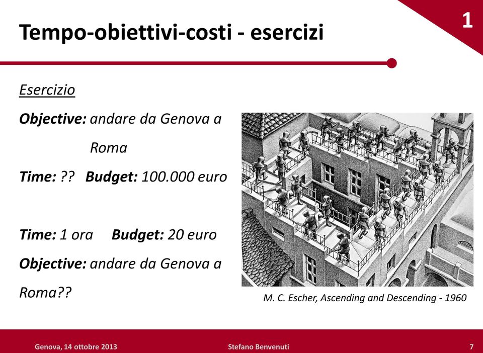 000 euro Time: 1 ora Budget: 20 euro Objective: andare da Genova