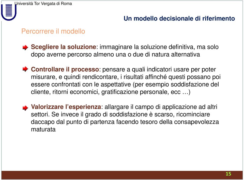 confrontati con le aspettative (per esempio soddisfazione del cliente, ritorni economici, gratificazione personale, ecc ) Valorizzare l esperienza: allargare il campo