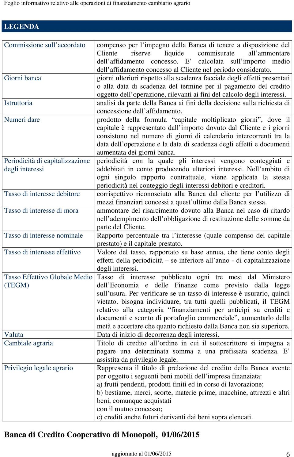 riserve liquide commisurate all ammontare dell affidamento concesso. E calcolata sull importo medio dell affidamento concesso al Cliente nel periodo considerato.