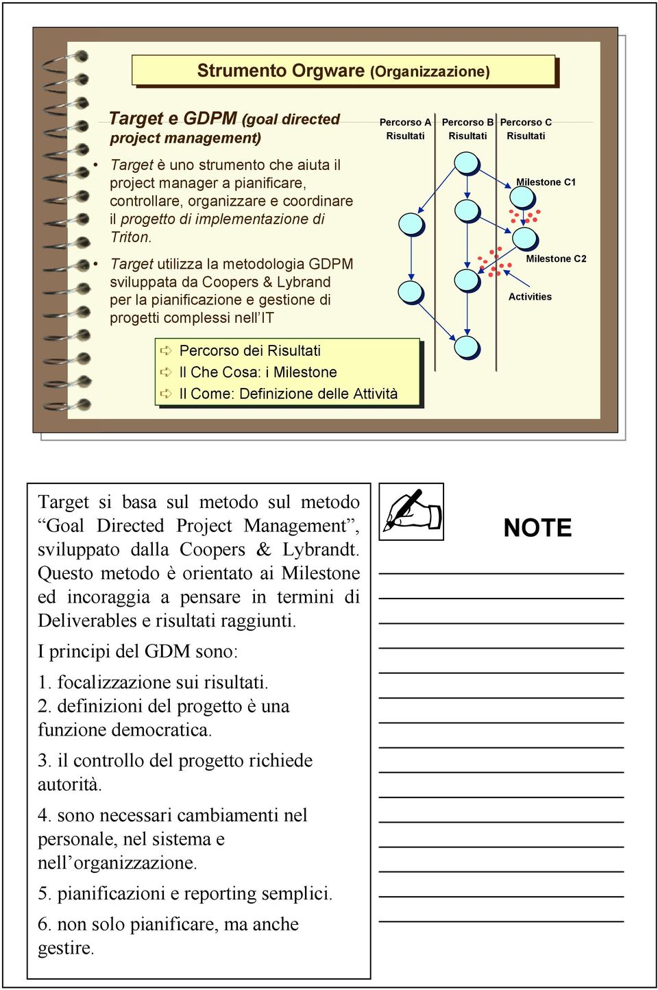 Milestone C1 Target utilizza la metodologia GDPM sviluppata da Coopers & Lybrand per la pianificazione e gestione di progetti complessi nell IT Milestone C2 Activities Percorso dei Risultati Il Il