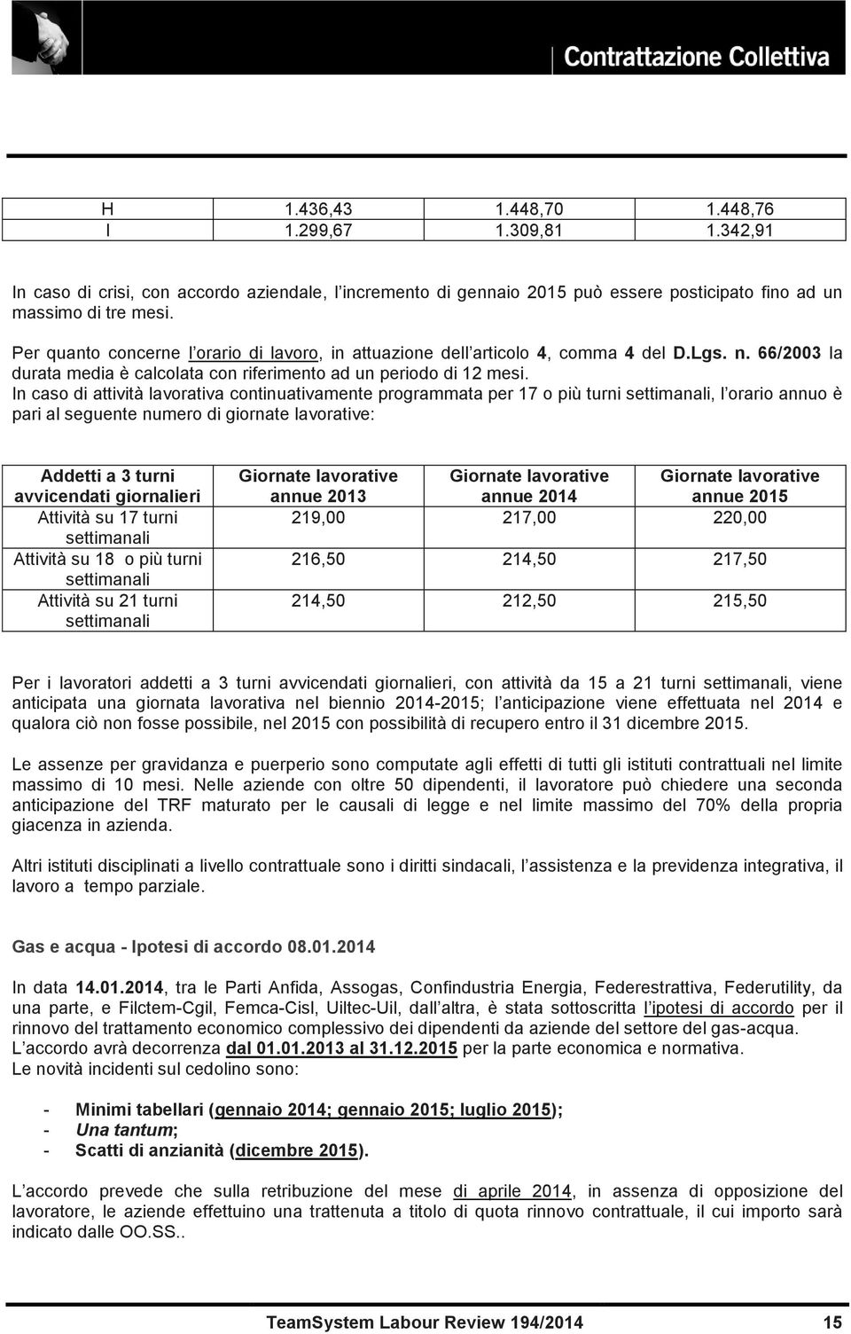 In caso di attività lavorativa continuativamente programmata per 17 o più turni settimanali, l orario annuo è pari al seguente numero di giornate lavorative: Addetti a 3 turni avvicendati giornalieri