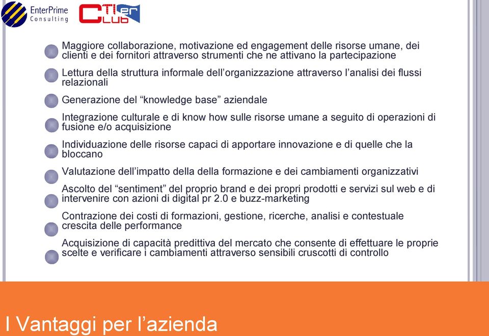 acquisizione 5 Individuazione delle risorse capaci di apportare innovazione e di quelle che la bloccano 6 7 8 9 Valutazione dell impatto della della formazione e dei cambiamenti organizzativi Ascolto