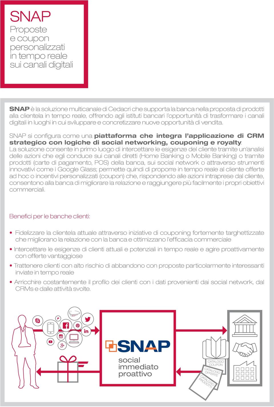 SNAP si configura come una piattaforma che integra l applicazione di CRM strategico con logiche di social networking, couponing e royalty.