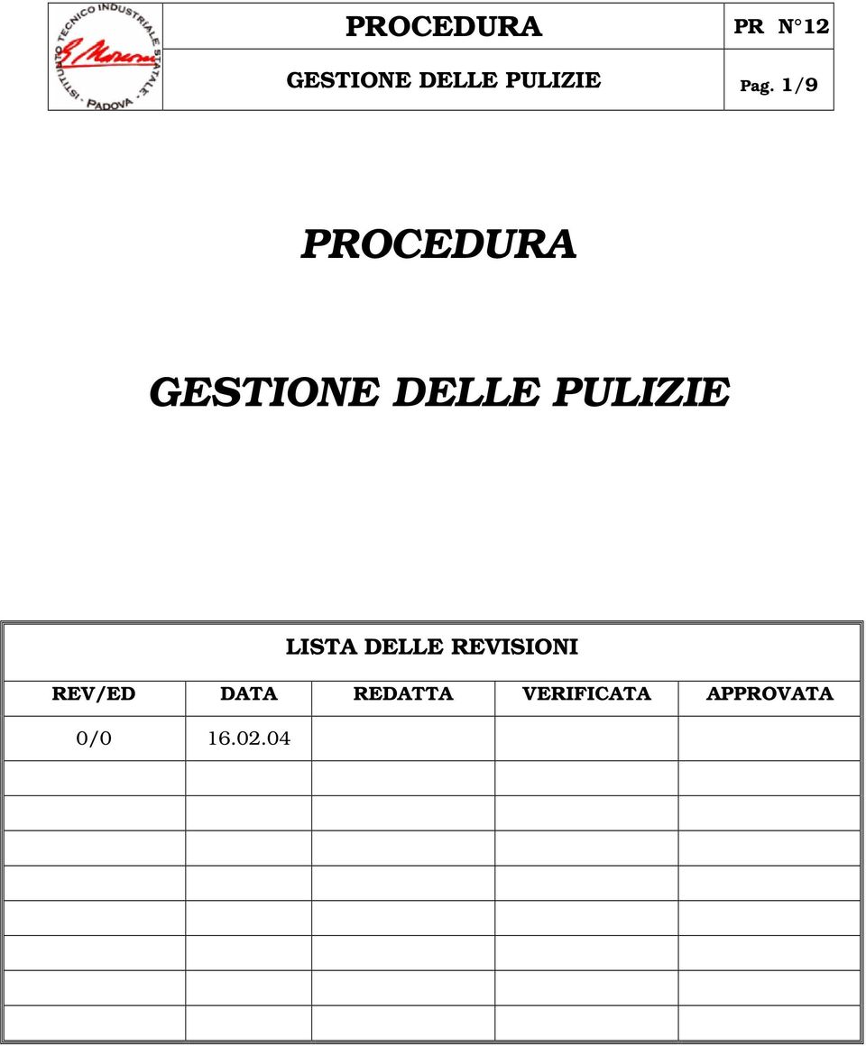 PULIZIE LISTA DELLE REVISIONI