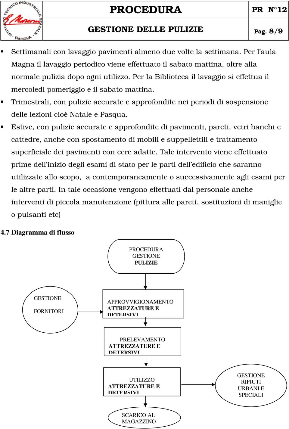 Per la Biblioteca il lavaggio si effettua il mercoledì pomeriggio e il sabato mattina. Trimestrali, con pulizie accurate e approfondite nei periodi di sospensione delle lezioni cioè Natale e Pasqua.