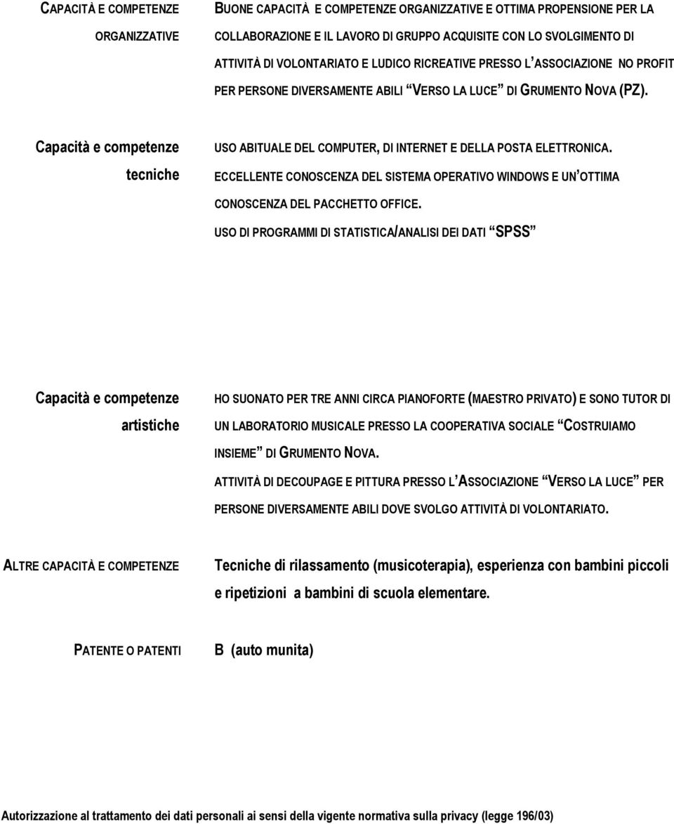 Capacità e competenze tecniche USO ABITUALE DEL COMPUTER, DI INTERNET E DELLA POSTA ELETTRONICA. ECCELLENTE CONOSCENZA DEL SISTEMA OPERATIVO WINDOWS E UN OTTIMA CONOSCENZA DEL PACCHETTO OFFICE.