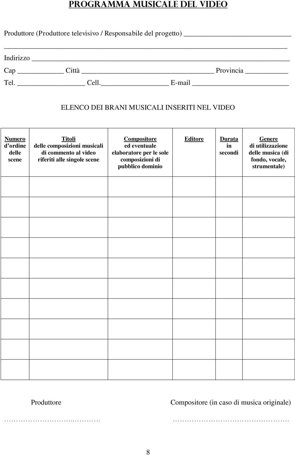 video riferiti alle singole scene Compositore ed eventuale elaboratore per le sole composizioni di pubblico dominio Editore Durata