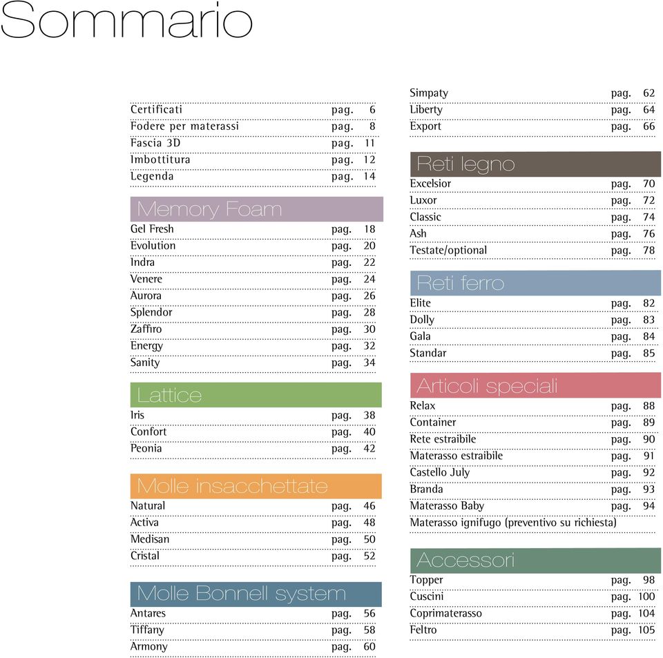 52 Molle Bonnell system Antares pag. 56 Tiffany pag. 58 Armony pag. 60 Simpaty pag. 62 Liberty pag. 64 Eport pag. 66 Reti legno Ecelsior pag. 70 Luor pag. 72 Classic pag. 74 Ash pag.