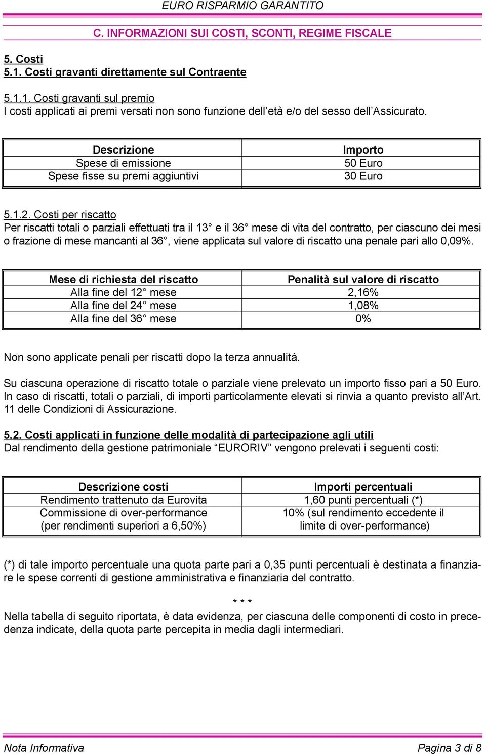 Costi per riscatto Per riscatti totali o parziali effettuati tra il 13 e il 36 mese di vita del contratto, per ciascuno dei mesi o frazione di mese mancanti al 36, viene applicata sul valore di