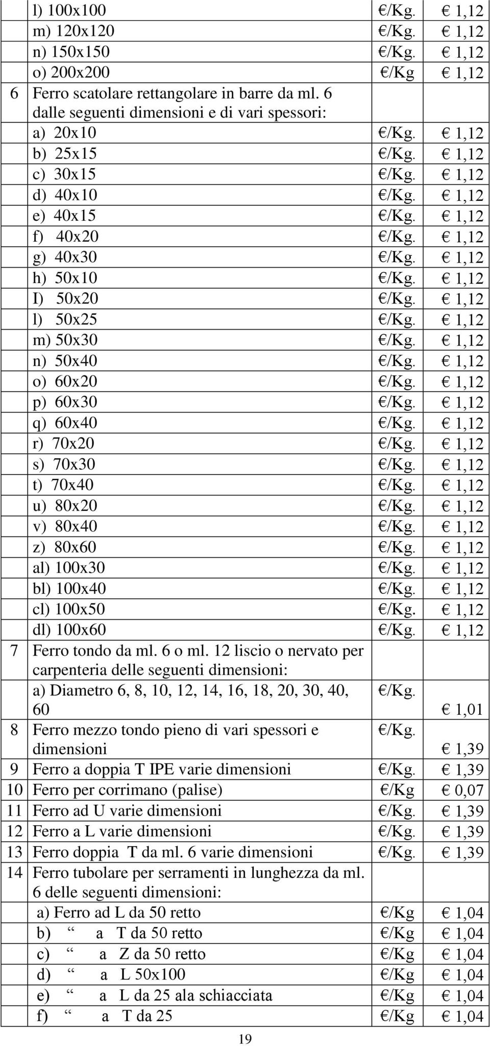 1,12 n) 50x40 /Kg. 1,12 o) 60x20 /Kg. 1,12 p) 60x30 /Kg. 1,12 q) 60x40 /Kg. 1,12 r) 70x20 /Kg. 1,12 s) 70x30 /Kg. 1,12 t) 70x40 /Kg. 1,12 u) 80x20 /Kg. 1,12 v) 80x40 /Kg. 1,12 z) 80x60 /Kg.