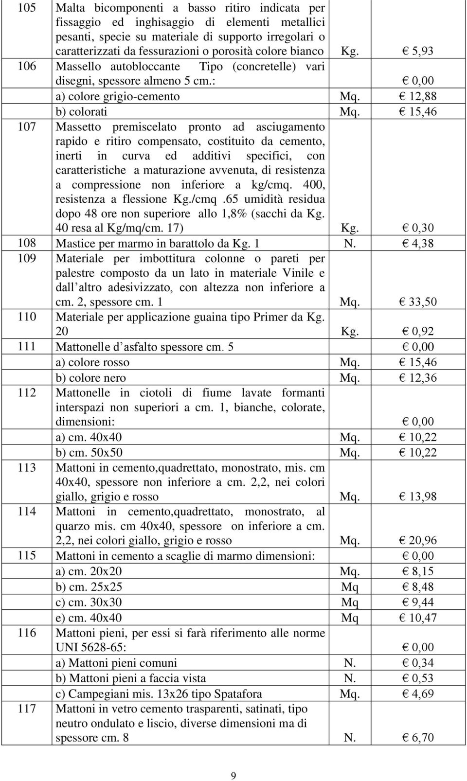 15,46 107 Massetto premiscelato pronto ad asciugamento rapido e ritiro compensato, costituito da cemento, inerti in curva ed additivi specifici, con caratteristiche a maturazione avvenuta, di