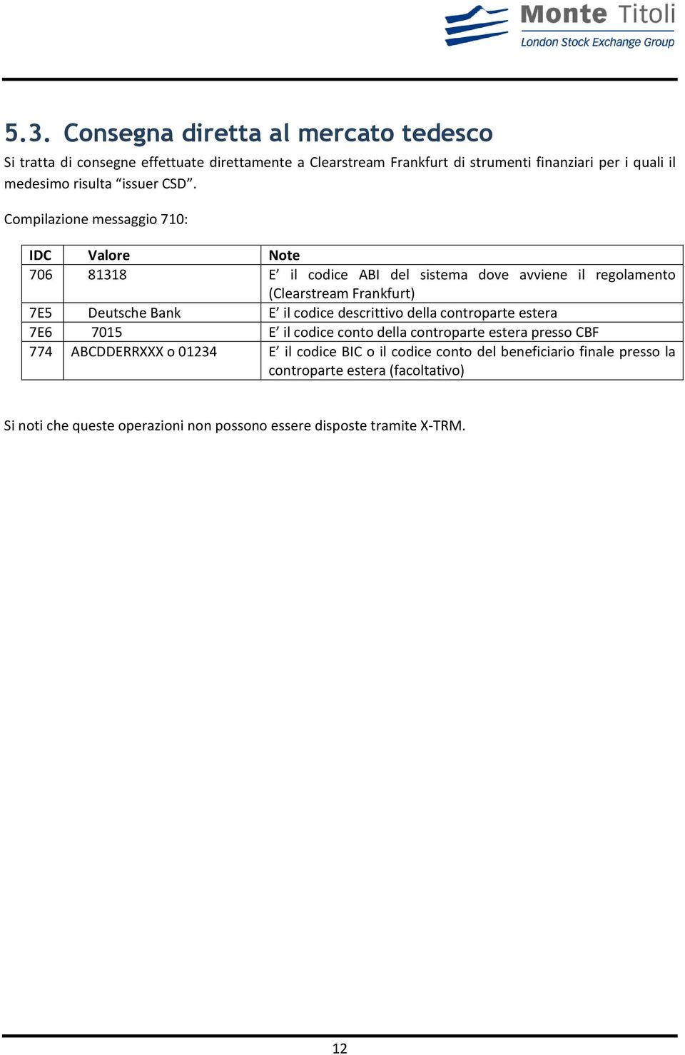 Compilazione messaggio 710: 706 81318 E il codice ABI del sistema dove avviene il regolamento (Clearstream Frankfurt) 7E5 Deutsche Bank E il codice