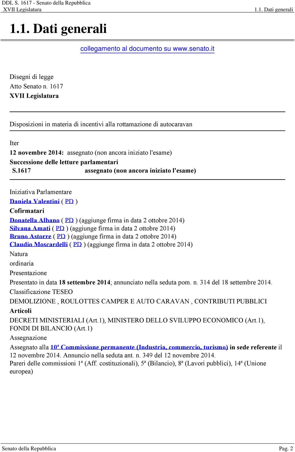 1617 assegnato (non ancora iniziato l'esame) Iniziativa Parlamentare Daniela Valentini ( PD ) Cofirmatari Donatella Albano ( PD ) (aggiunge firma in data 2 ottobre 2014) Silvana Amati ( PD )