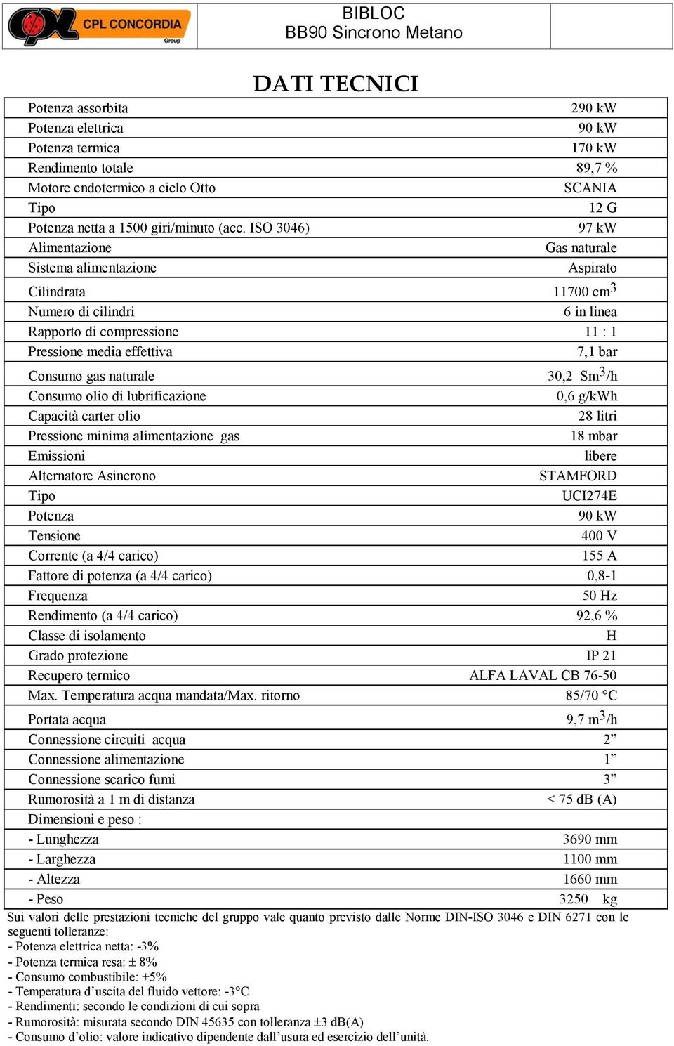 (a 4/4 carico) 92,6 % H Grado protezione IP 21 Recupero termico ALA LAVAL CB 76-50 Portata acqua 9,7 m 3 /h Connessione circuiti acqua 2 Connessione alimentazione 1