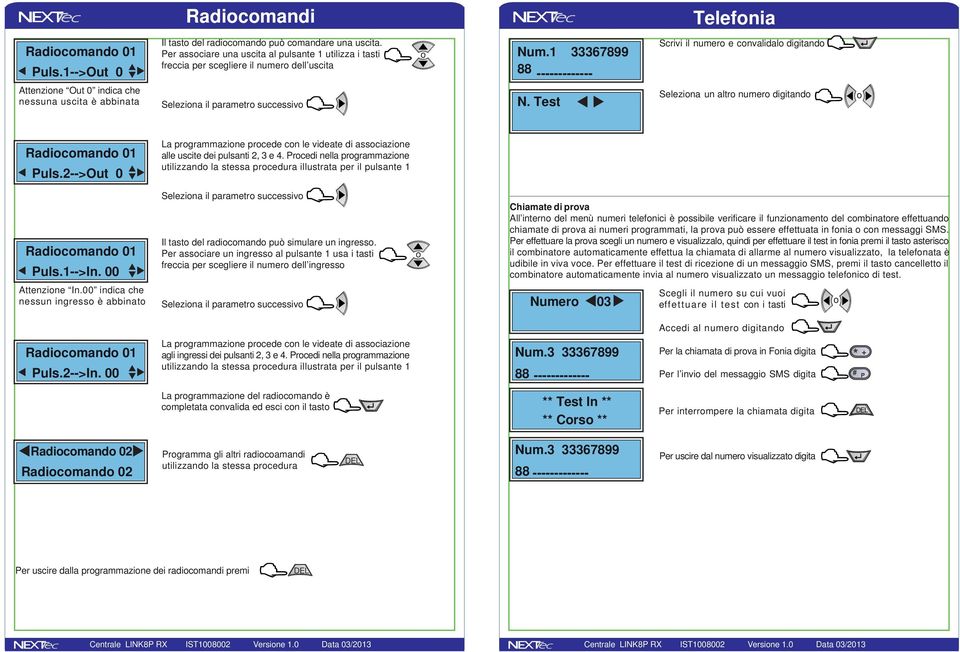 Test Selezina un altr numer digitand Radicmand 01 Puls.2-->Out 0 La prgrammazine prcede cn le videate di assciazine alle uscite dei pulsanti 2, 3 e 4.