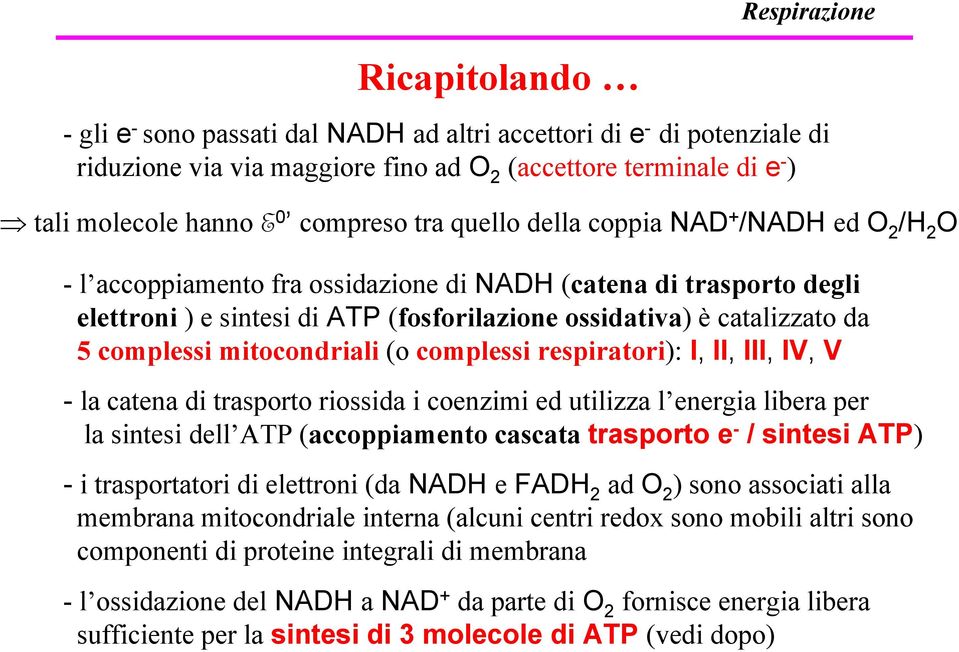 da 5 complessi mitocondriali (o complessi respiratori): I, II, III, IV, V - la catena di trasporto riossida i coenzimi ed utilizza l energia libera per la sintesi dell ATP (accoppiamento cascata