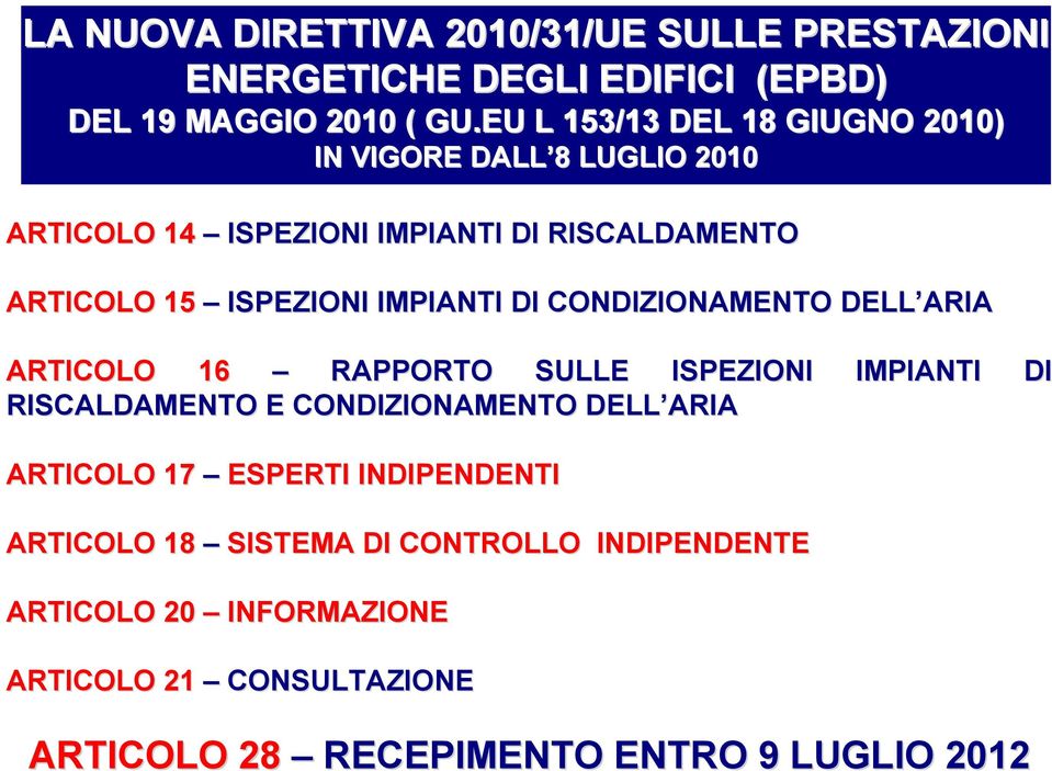 IMPIANTI DI CONDIZIONAMENTO DELL ARIA ARTICOLO 16 RAPPORTO SULLE ISPEZIONI IMPIANTI DI RISCALDAMENTO E CONDIZIONAMENTO DELL ARIA