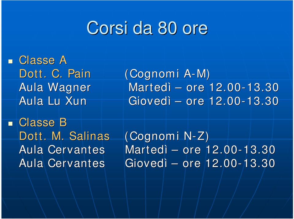 ore 12.00-13.30 13.30 Giovedì ore 12.00-13.30 13.30 (Cognomi N-Z) N Martedì ore 12.