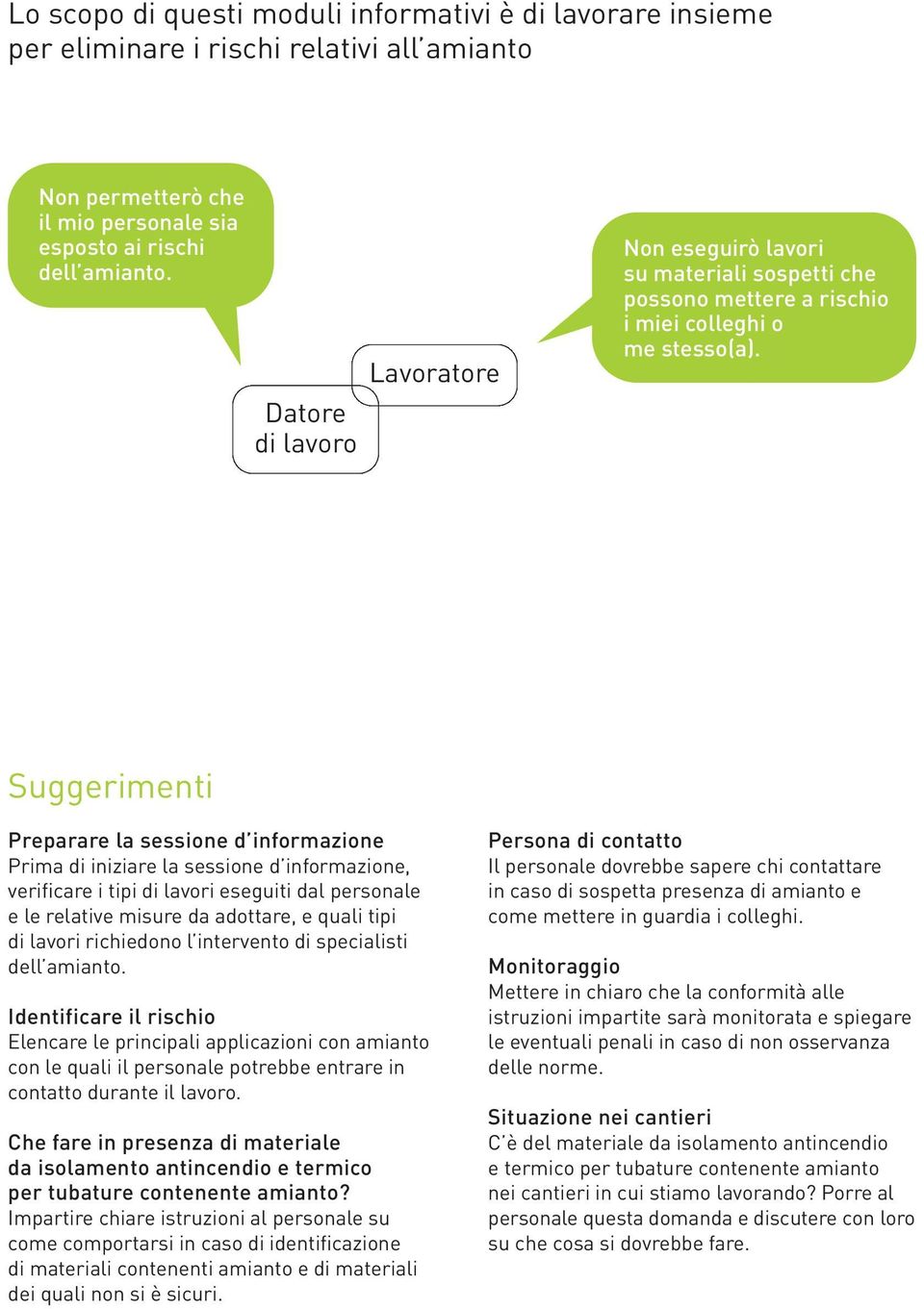 Suggerimenti Preparare la sessione d informazione Prima di iniziare la sessione d informazione, verificare i tipi di lavori eseguiti dal personale e le relative misure da adottare, e quali tipi di