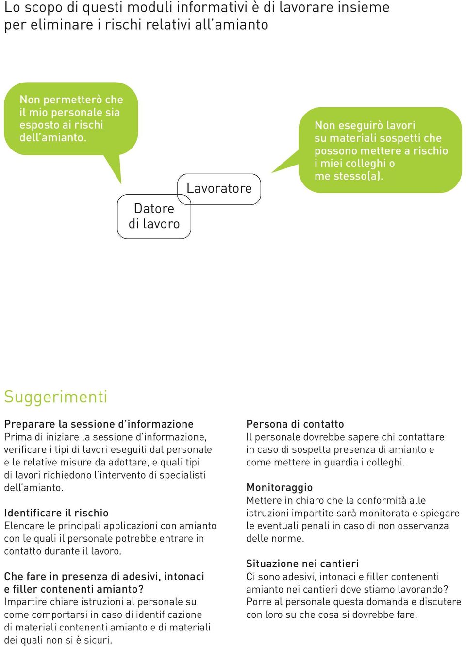 Suggerimenti Preparare la sessione d informazione Prima di iniziare la sessione d informazione, verificare i tipi di lavori eseguiti dal personale e le relative misure da adottare, e quali tipi di