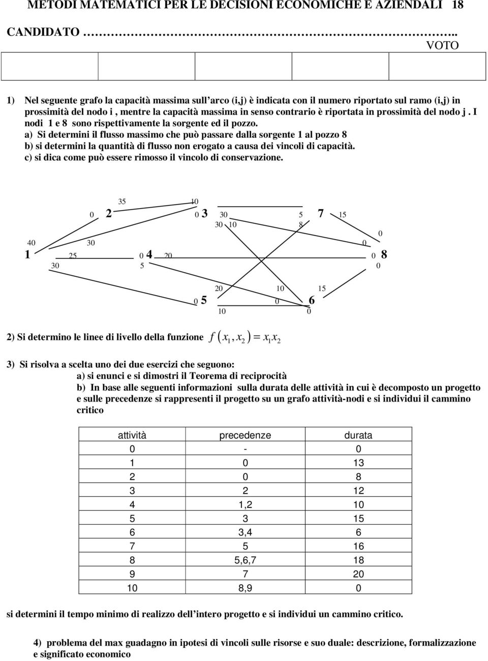 a) Si determini il flusso massimo che può passare dalla sorgente 1 al pozzo 8 b) si determini la quantità di flusso non erogato a causa dei vincoli di capacità.